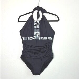 KENNETH COLE New York Women Large Black White Flattering One‎ Piece Swimsuit